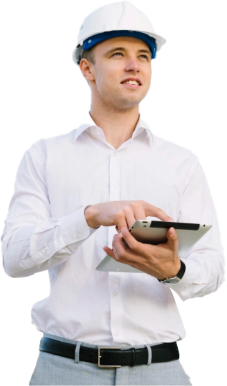 A Man Wearing A Hard Hat Is Holding A Tablet Computer